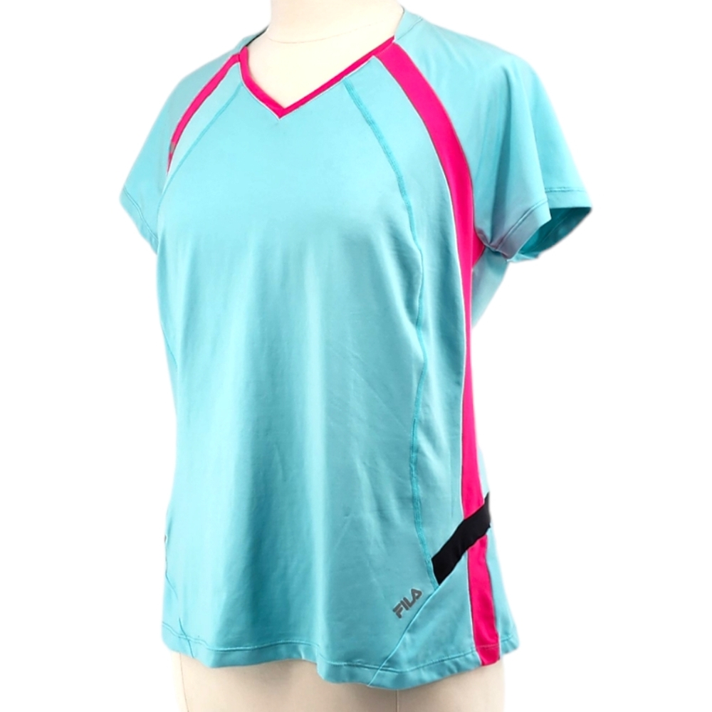 Fila V-Neck Short Sleeve Tennis Tee Activewear Stretch Aqua Blue Pink XL